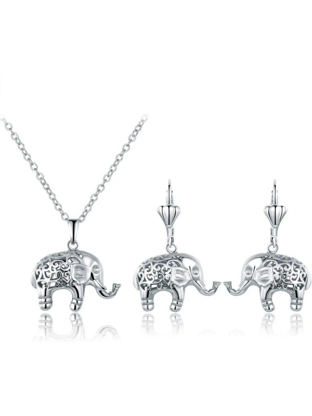 Women’s White Silver  Metal Filigree Elephant Jewelry Set Necklace Earrings